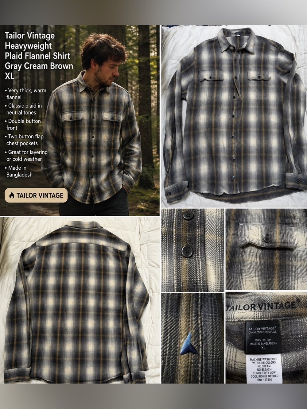 Tailor Vintage Heavyweight Plaid Flannel Shirt Jacket XL Gray Cream Brown